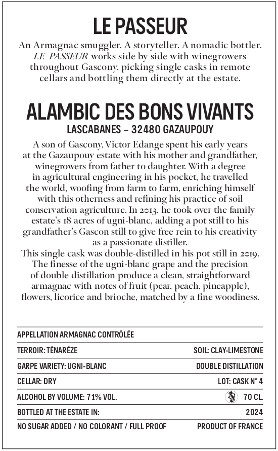 Armagnac Le Passeur - Lascabanes - 2019 - 71% 70cl