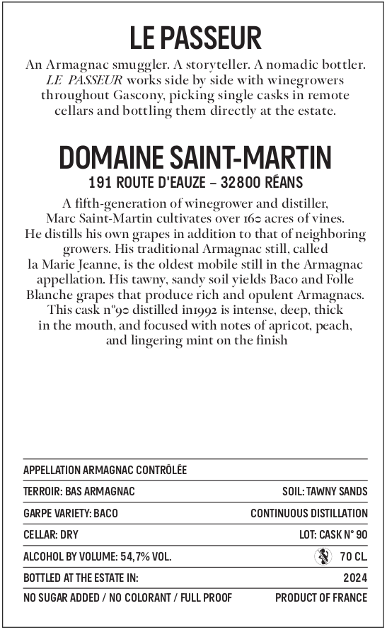 Armagnac Le Passeur - St Martin - 1992 (32 anni) - Cask #90 - 54.7% 70cl